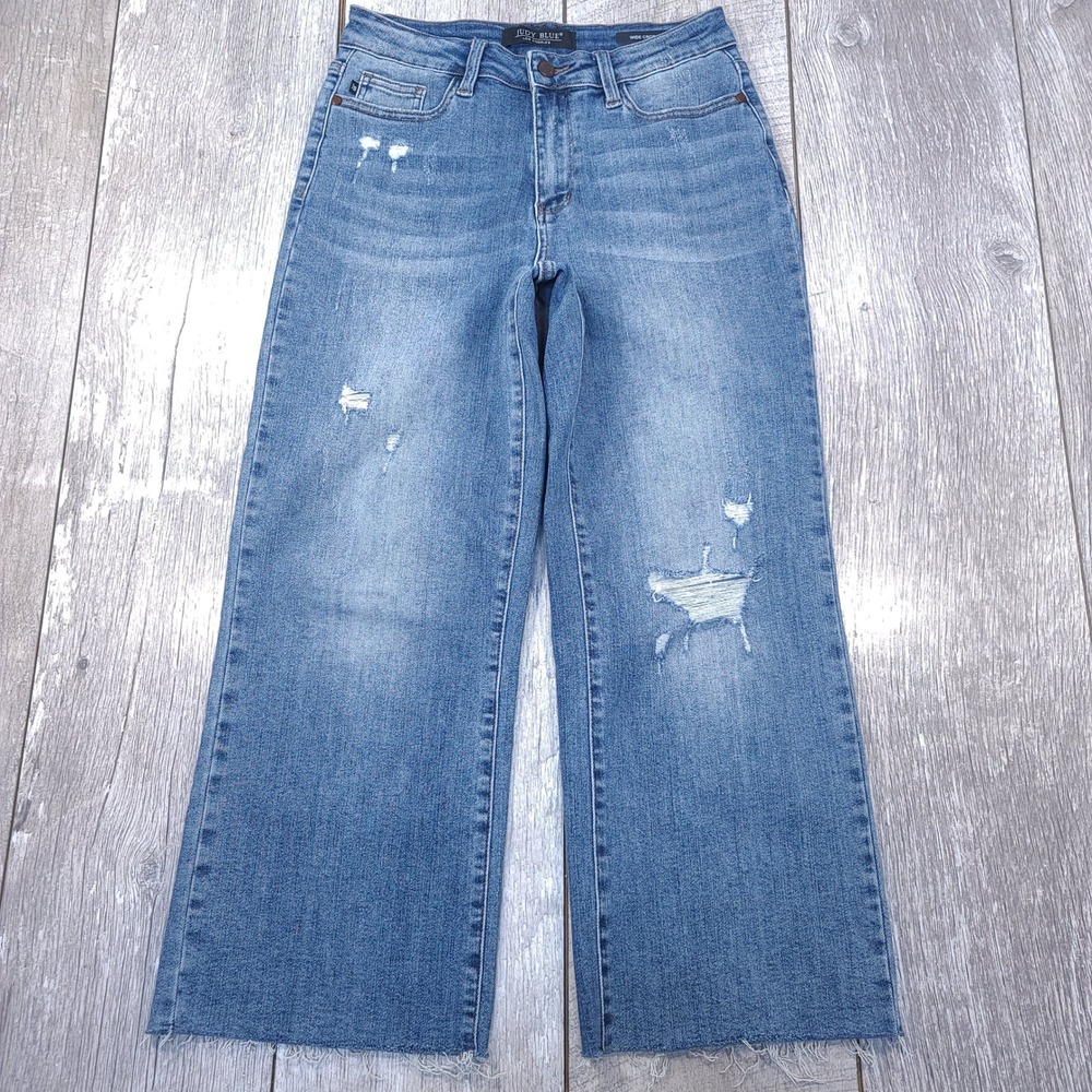 Judy Blue Wide Crop Jeans Women 3/26 Blue Distressed Raw Hem High Rise